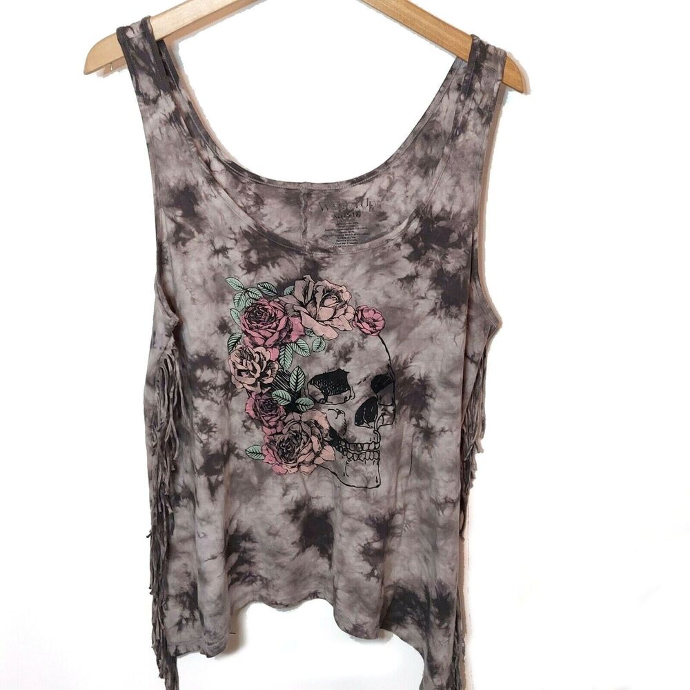 Wound Up Sleeveless XL Tank Top Gray Tie Dye Skull Fringe Roses ( 15 / 16 )